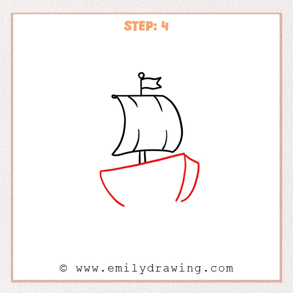 how to draw a cartoon boat - A cartoon boat drawing now includes a rounded hull beneath the sail, with a raised bow and a side curve at the front.